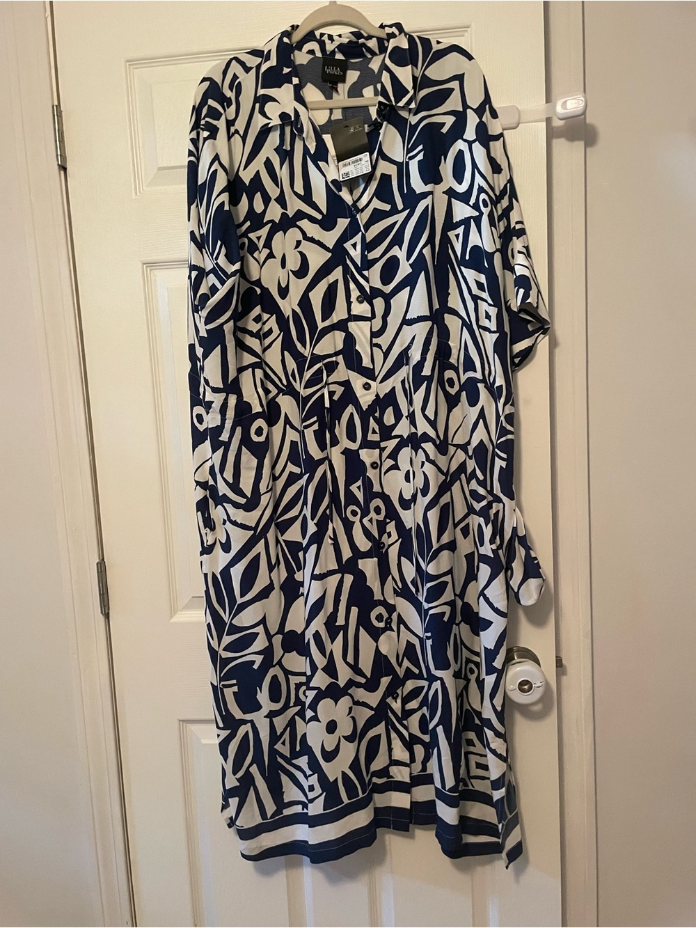 Ulla Popken Navy/White Abstract Button-Front Dress drawstring waist NWT 16/18